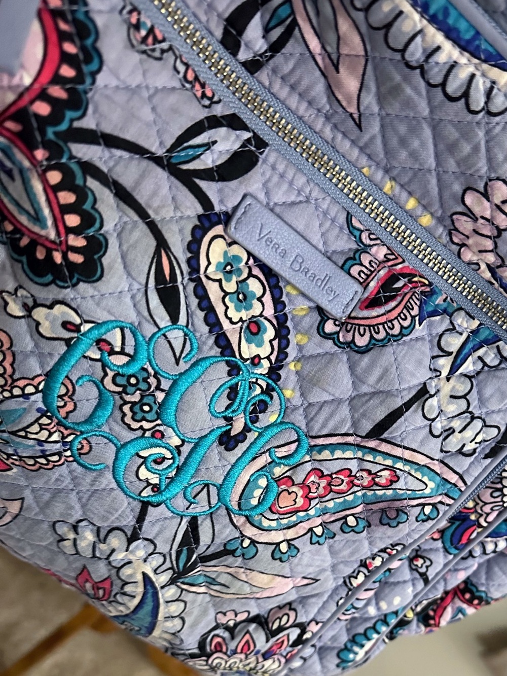Vera Bradley Quilted Paisley Light Blue Purple Backpack Granola School Baby Bag - Picture 3 of 15